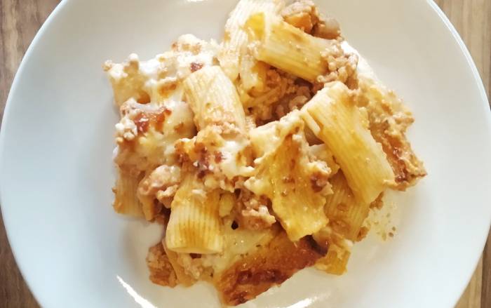 Tortiglioni pasticciati con vitello e pancetta
